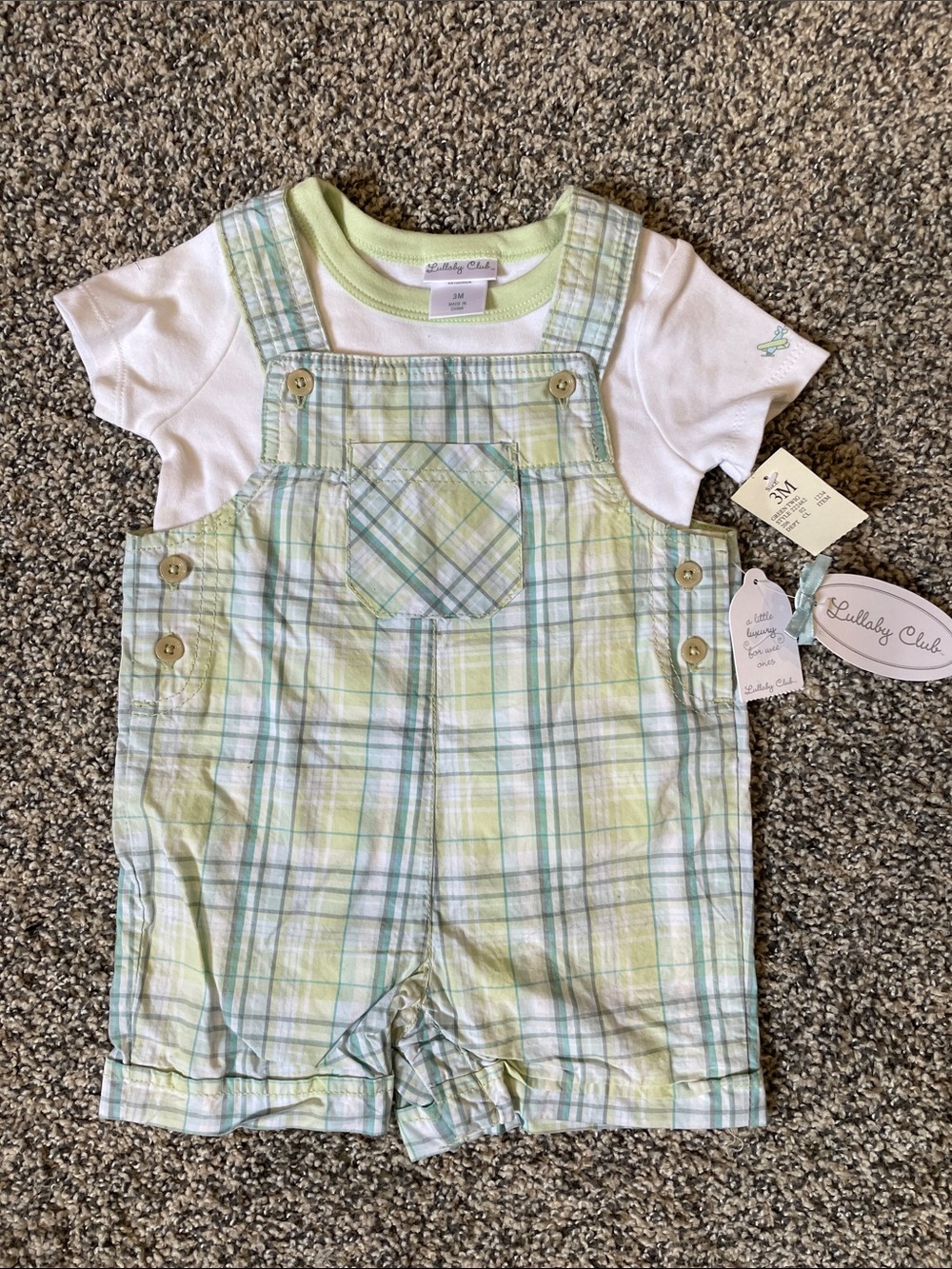 Vintage Lullaby Club Green Plaid Baby Overalls Set Cotton T Shirt 0-3m NWT